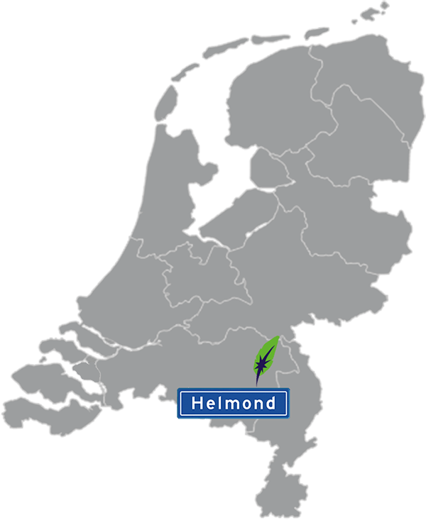 Grijze kaart van Nederland met Helmond aangegeven voor maatwerk taalcursus Frans zakelijk - blauw plaatsnaambord met witte letters en Dagnall veer - transparante achtergrond - 600 * 733 pixels